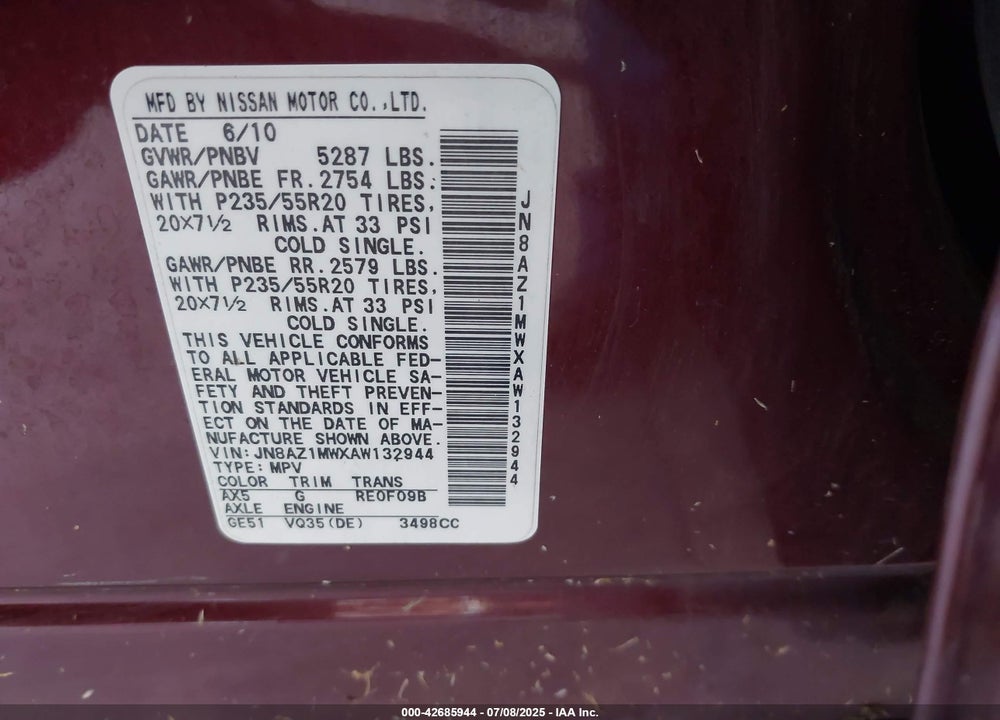 2010 NISSAN MURANO VIN: JN8AZ1MWXAW132944