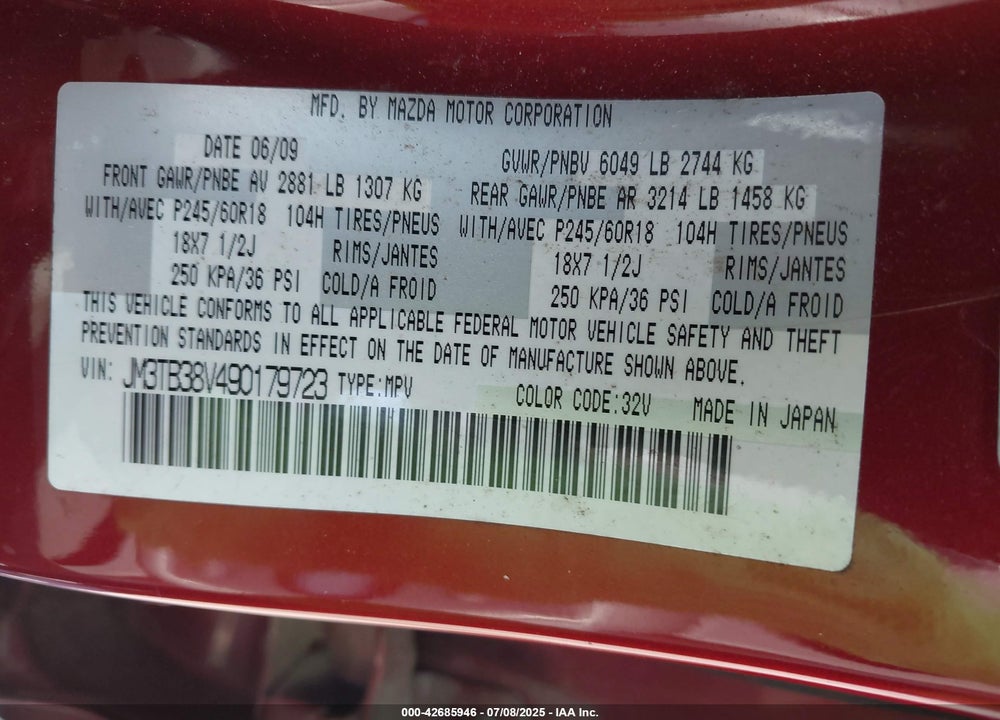 2009 MAZDA CX-9 SPORT VIN: JM3TB38V490179723