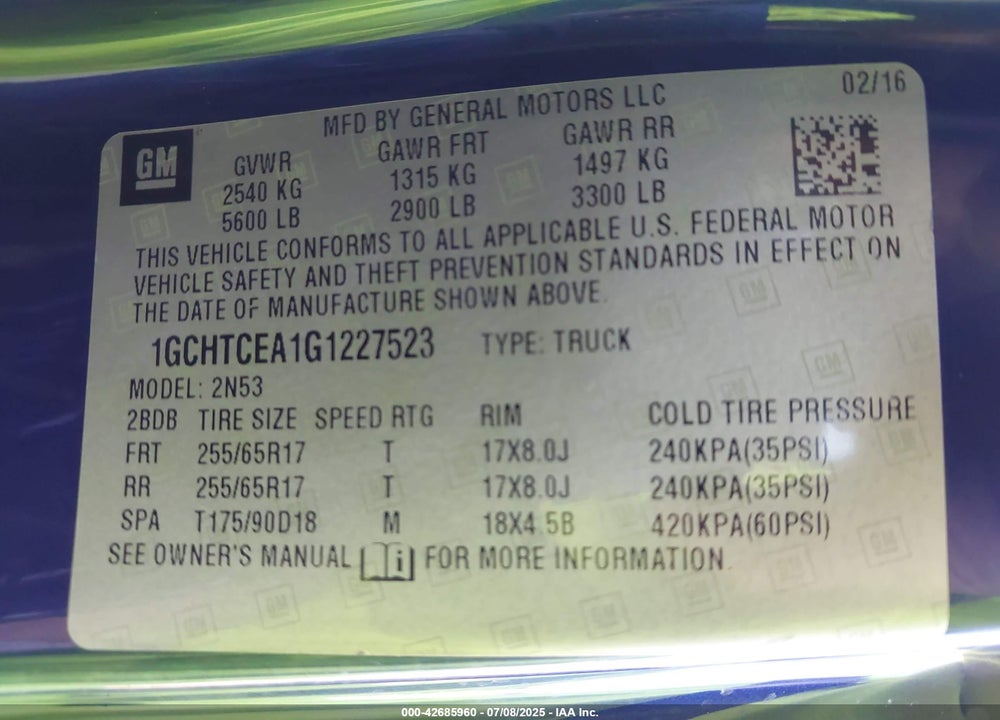 2016 CHEVROLET COLORADO LT VIN: 1GCHTCEA1G1227523