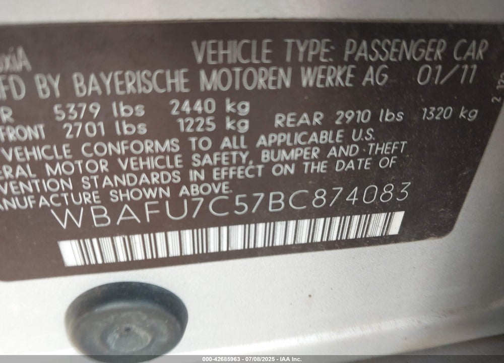 2011 BMW 535I VIN: WBAFU7C57BC874083