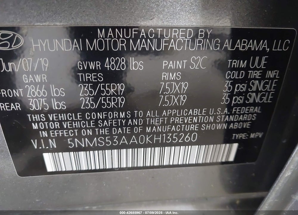 2019 HYUNDAI SANTA FE VIN: 5NMS53AA0KH135260