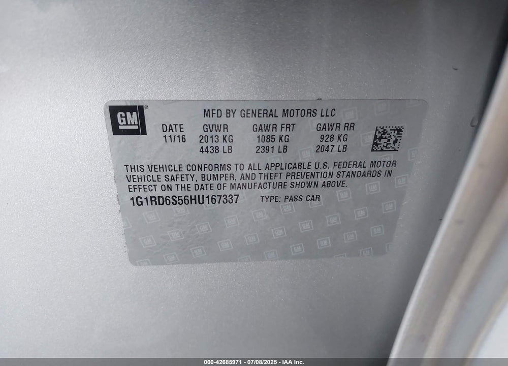 2017 CHEVROLET VOLT VIN: 1G1RD6S56HU167337
