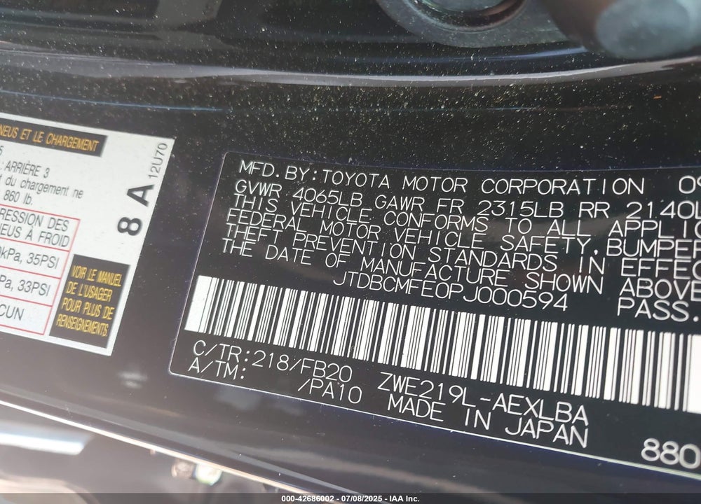 2023 TOYOTA COROLLA VIN: JTDBCMFE0PJ000594