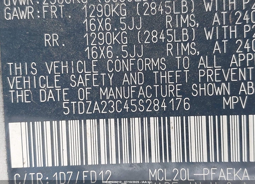 2005 TOYOTA SIENNA VIN: 5TDZA23C45S284176