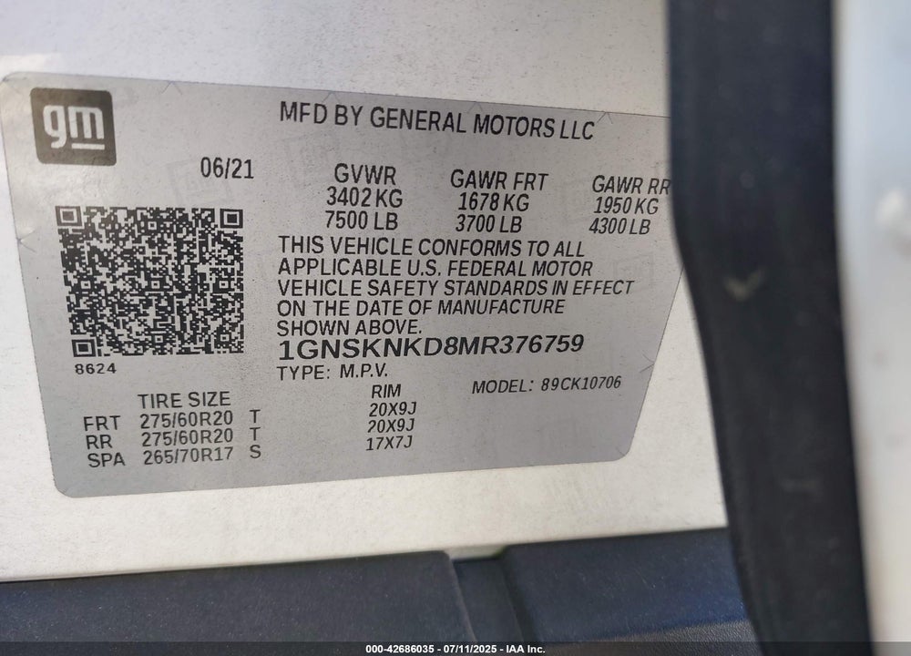 2021 CHEVROLET TAHOE 4WD LT VIN: 1GNSKNKD8MR376759