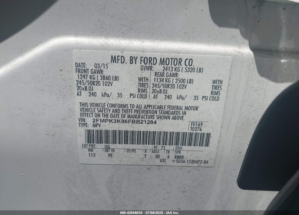 2015 FORD EDGE VIN: 2FMPK3K96FBB21284