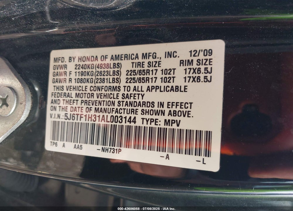 2010 HONDA ACCORD CROSSTOUR VIN: 5J6TF1H31AL003144