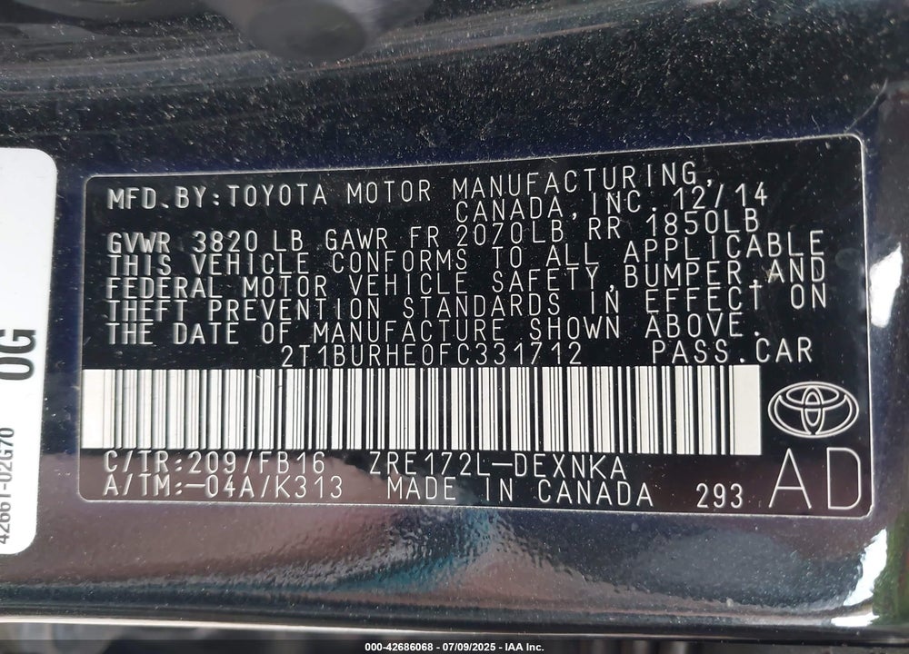 2015 TOYOTA COROLLA VIN: 2T1BURHE0FC331712