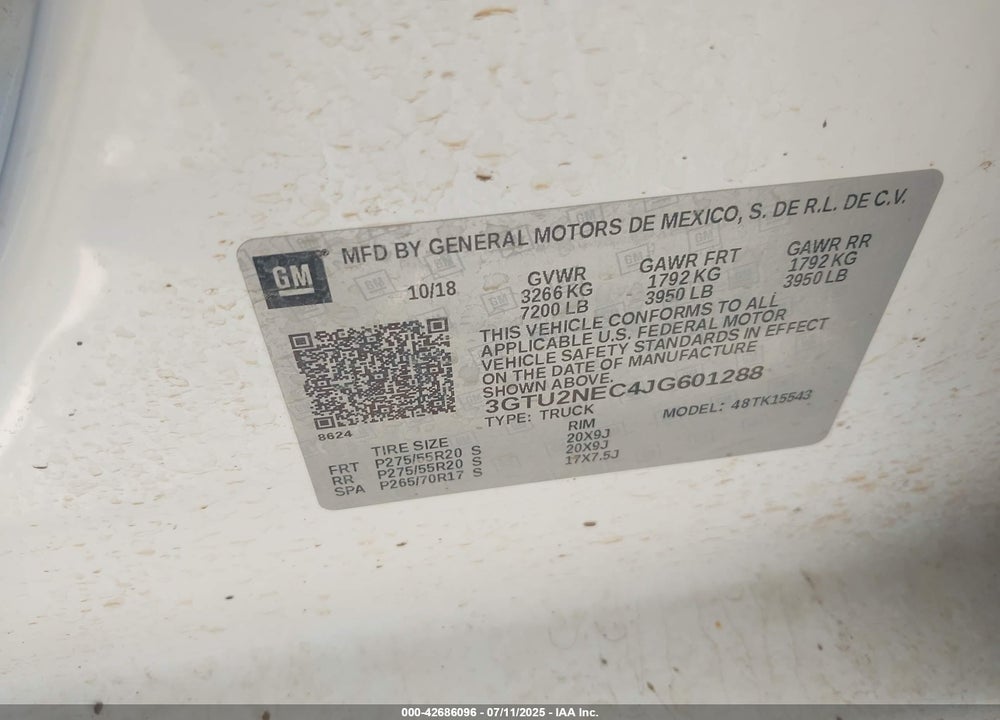 2018 GMC SIERRA 1500 VIN: 3GTU2NEC4JG601288