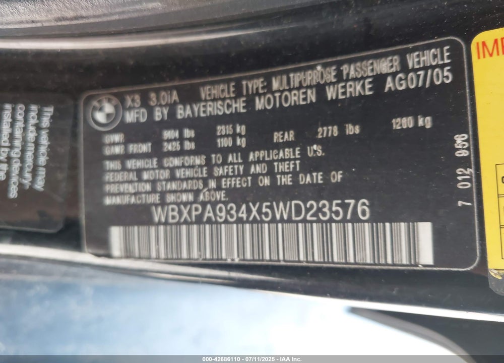 2005 BMW X3 3.0I VIN: WBXPA934X5WD23576