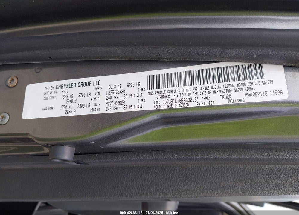 2011 DODGE RAM 1500 VIN: 3D7JB1ET8BG632191