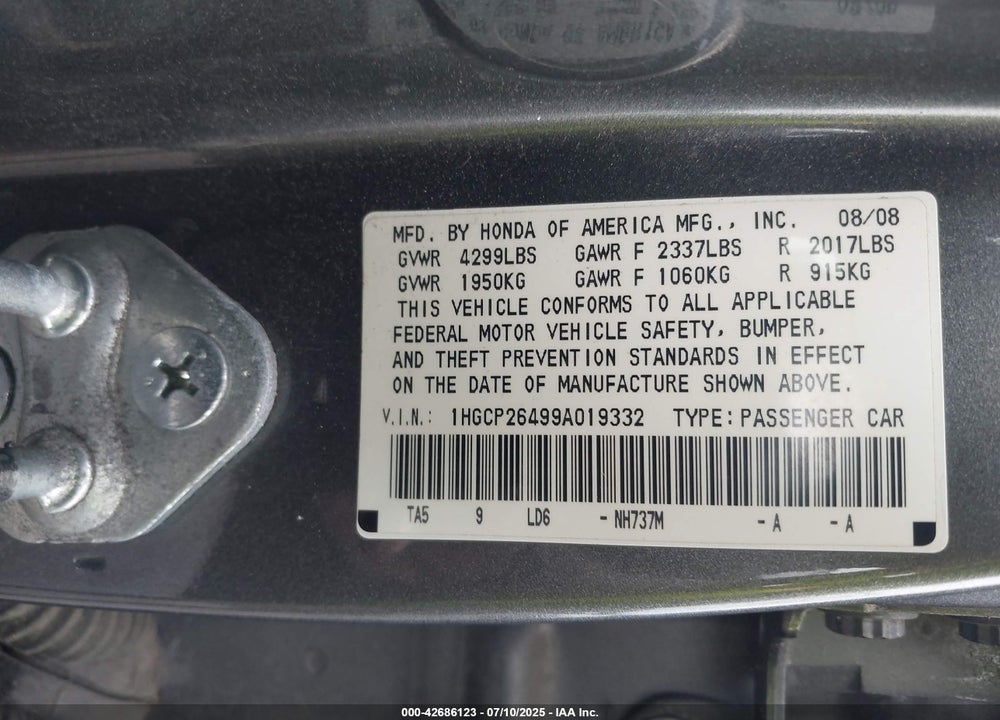 2009 HONDA ACCORD VIN: 1HGCP26499A019332