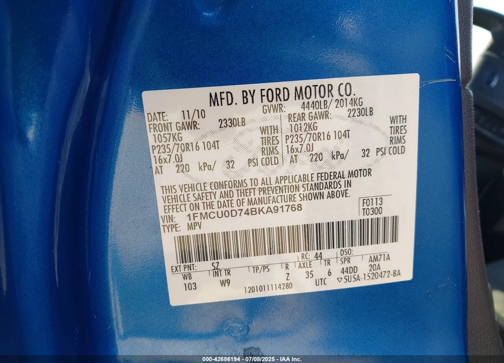 2011 FORD ESCAPE VIN: 1FMCU0D74BKA91768