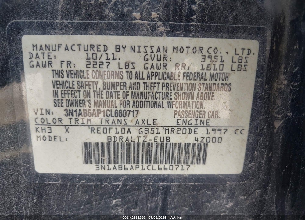 2012 NISSAN SENTRA VIN: 3N1AB6AP1CL660717