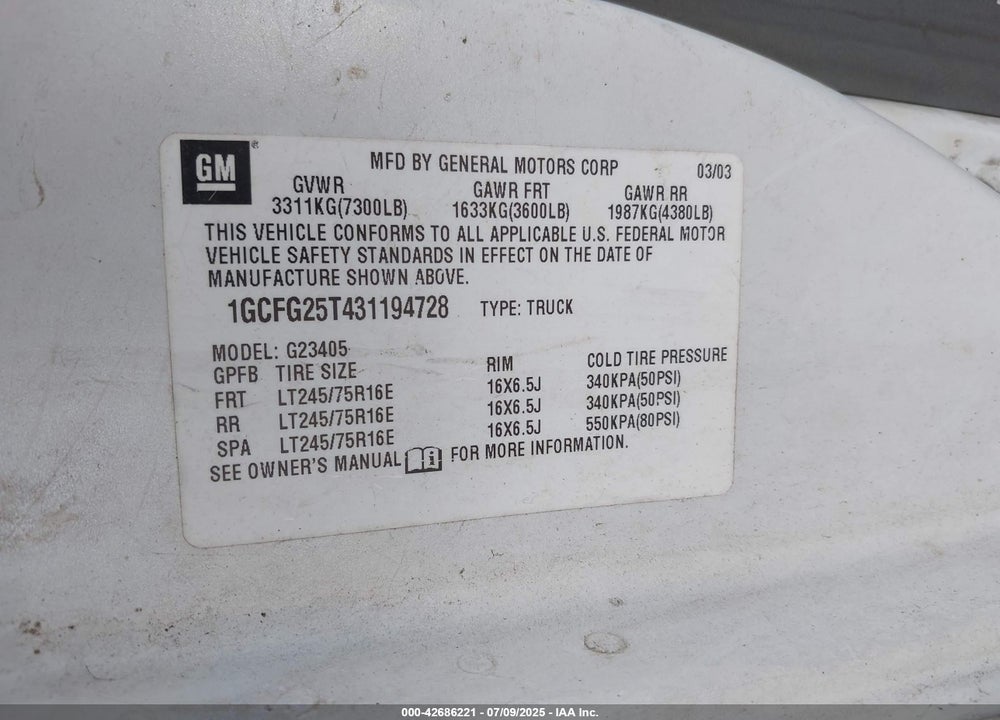 2003 CHEVROLET EXPRESS VIN: 1GCFG25T431194728