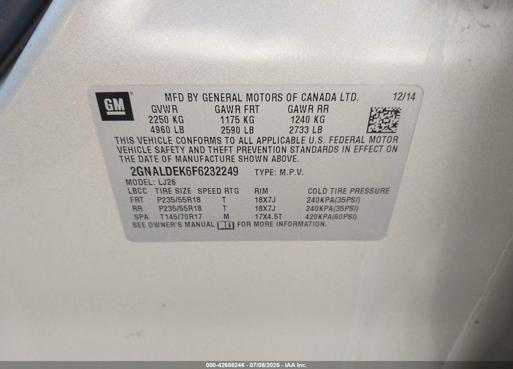 2015 CHEVROLET EQUINOX VIN: 2GNALDEK6F6232249