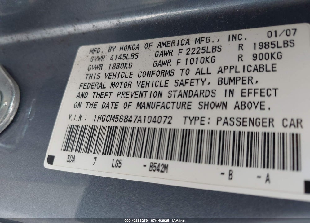 2007 HONDA ACCORD VIN: 1HGCM56847A104072