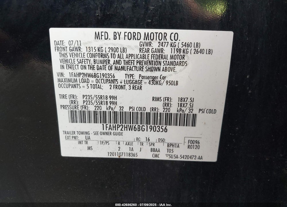 2011 FORD TAURUS VIN: 1FAHP2HW6BG190356