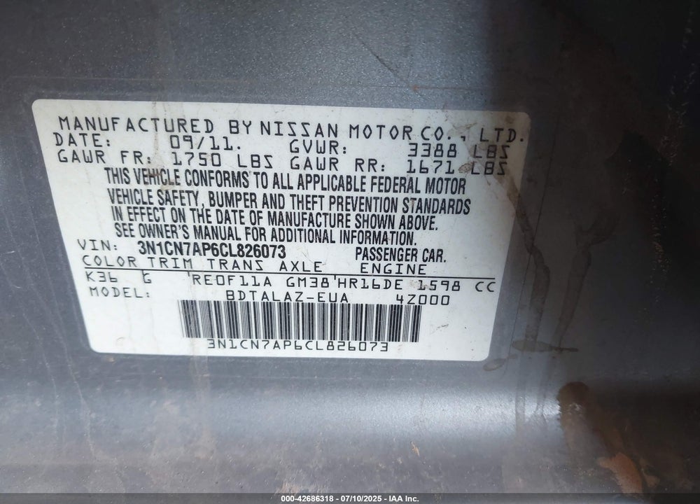 2012 NISSAN VERSA VIN: 3N1CN7AP6CL826073