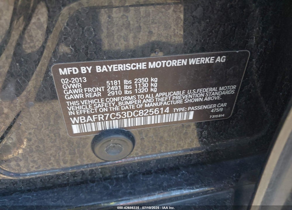 2013 BMW 535I VIN: WBAFR7C53DC825614