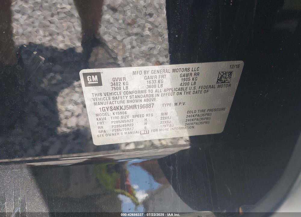 2017 CADILLAC ESCALADE ESV VIN: 1GYS4KKJ5HR196887