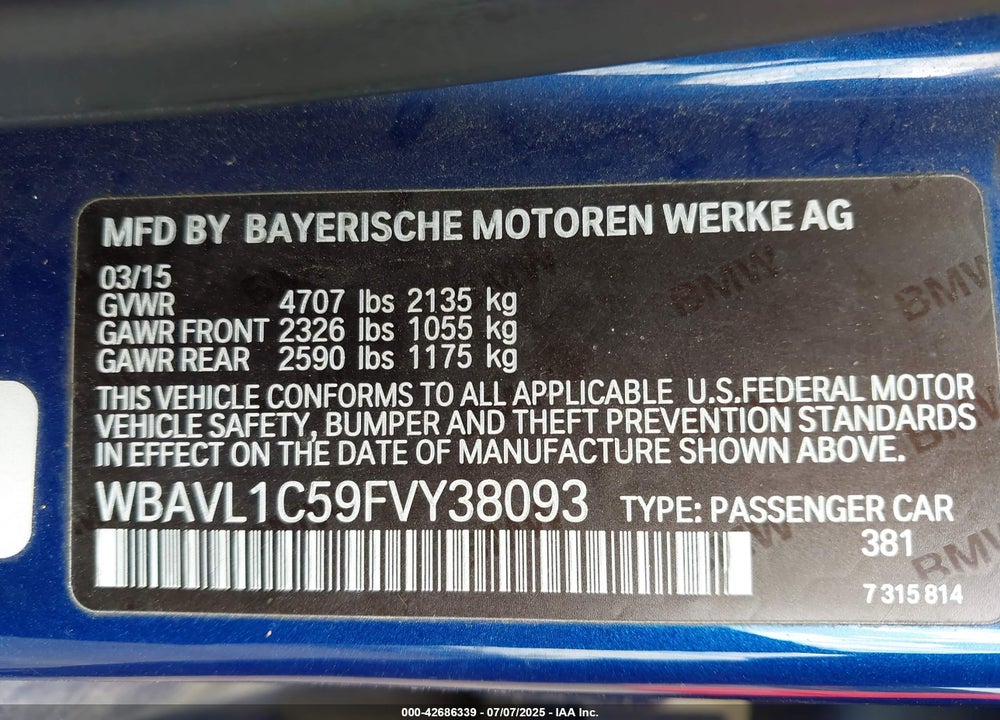 2015 BMW X1 VIN: WBAVL1C59FVY38093