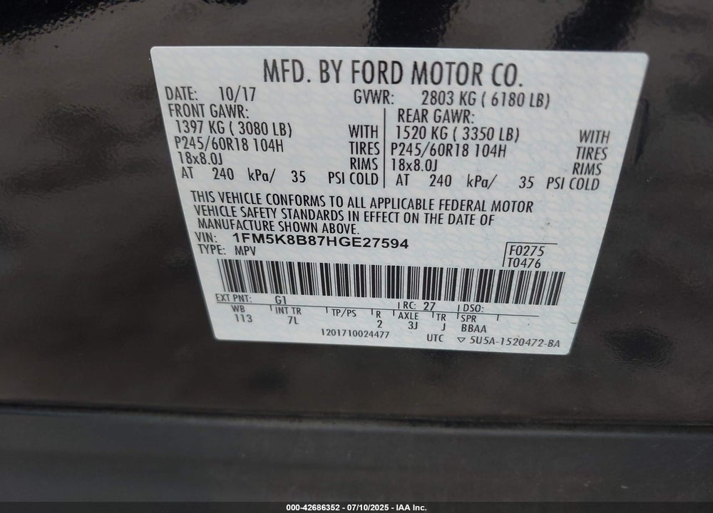 2017 FORD EXPLORER VIN: 1FM5K8B87HGE27594