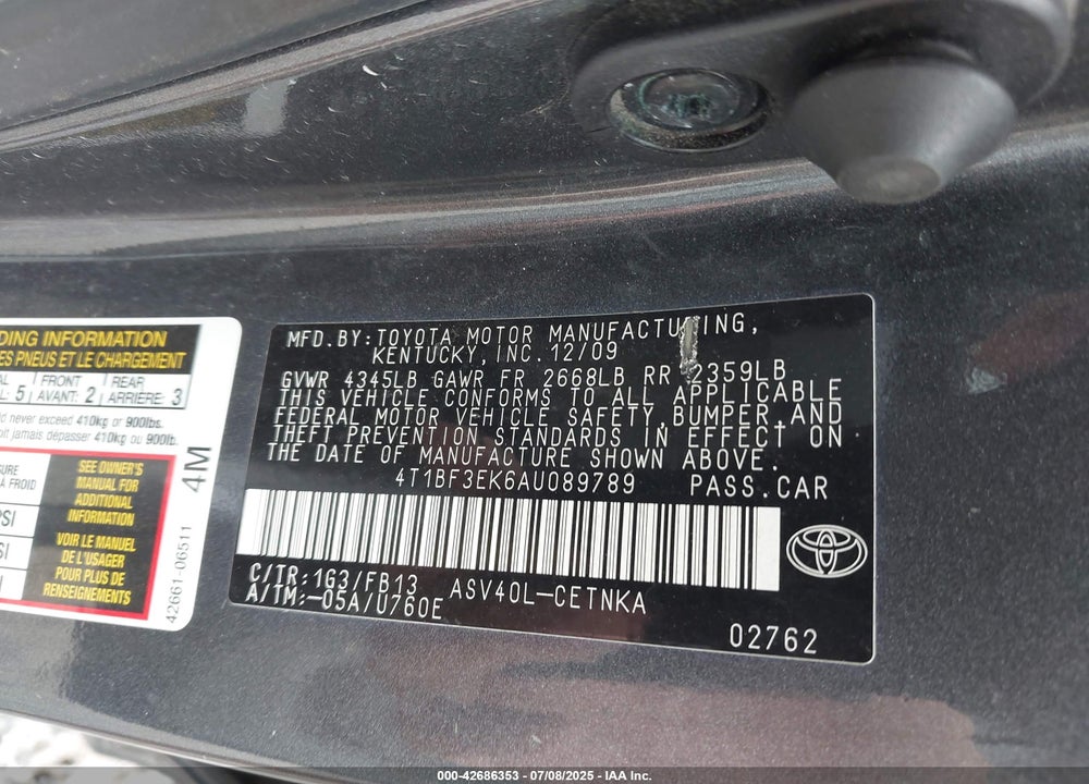 2010 TOYOTA CAMRY LE VIN: 4T1BF3EK6AU089789