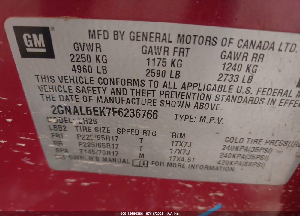 2015 CHEVROLET EQUINOX VIN: 2GNALBEK7F6236766
