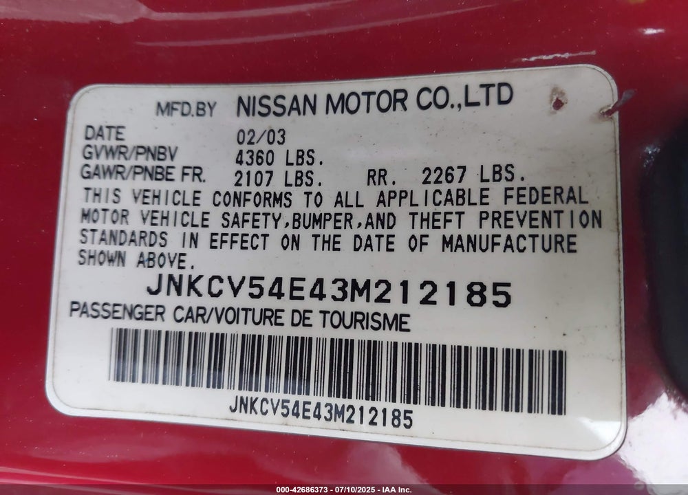 2003 INFINITI G35 BASE W/LEATHER VIN: JNKCV54E43M212185