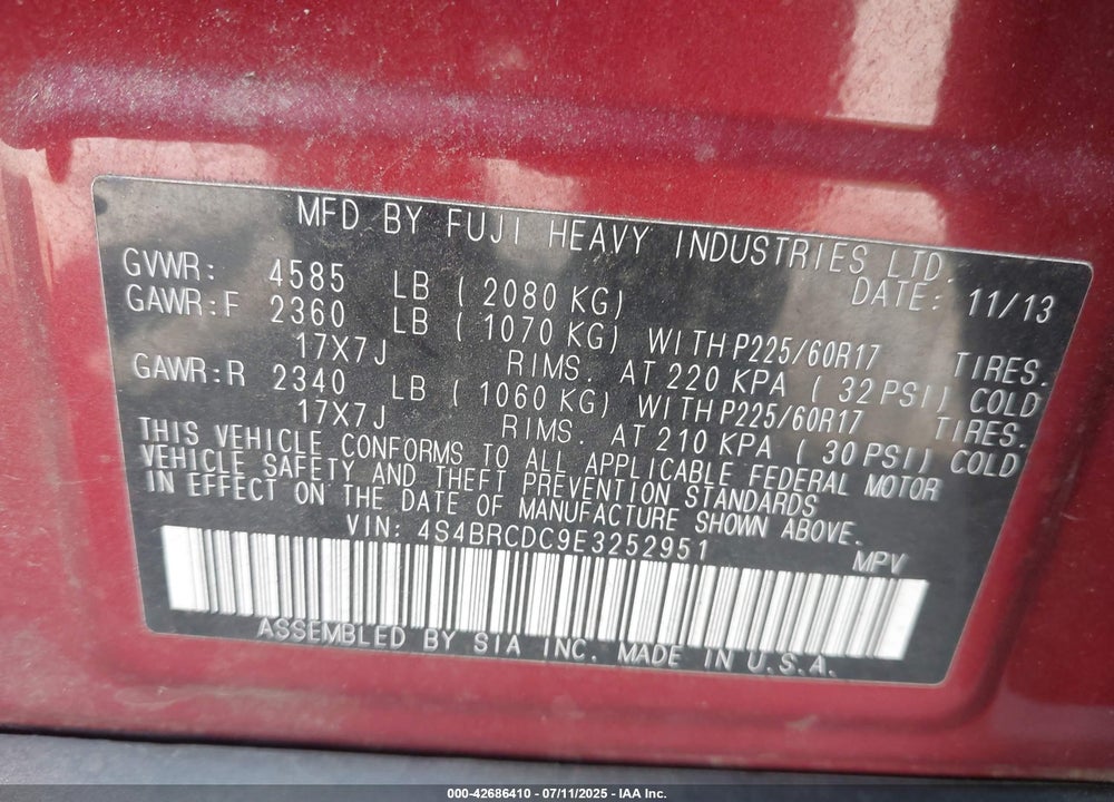 2014 SUBARU OUTBACK VIN: 4S4BRCDC9E3252951