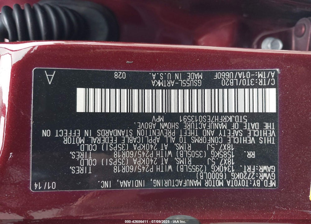 2014 TOYOTA HIGHLANDER VIN: 5TDJKRFH7ES013591