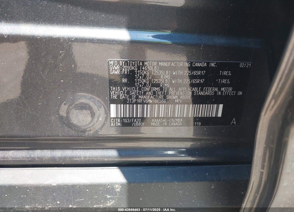 2021 TOYOTA RAV4 VIN: 2T3P1RFV6MW186566