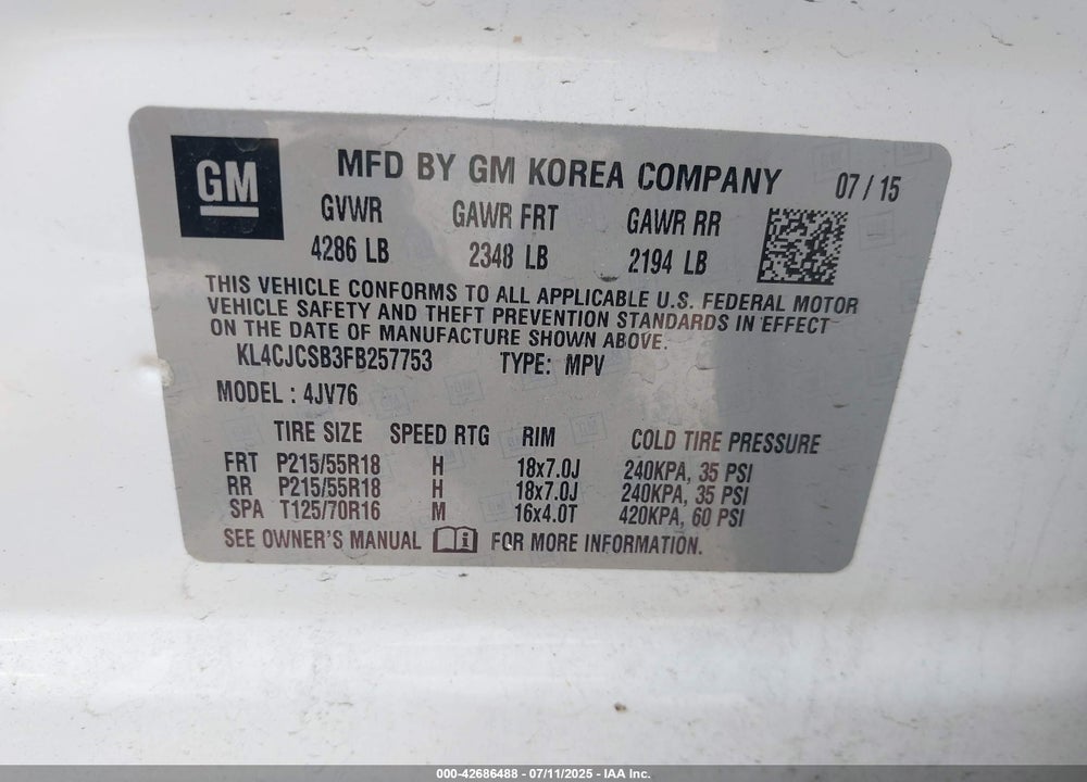 2015 BUICK ENCORE LEATHER VIN: KL4CJCSB3FB257753