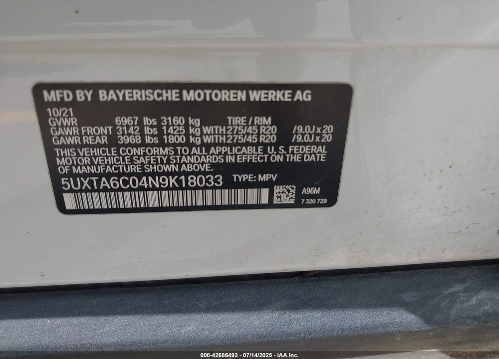 2022 BMW X5 PHEV XDRIVE45E VIN: 5UXTA6C04N9K18033