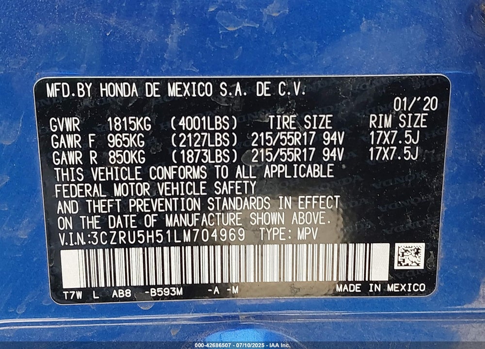 2020 HONDA HR-V VIN: 3CZRU5H51LM704969