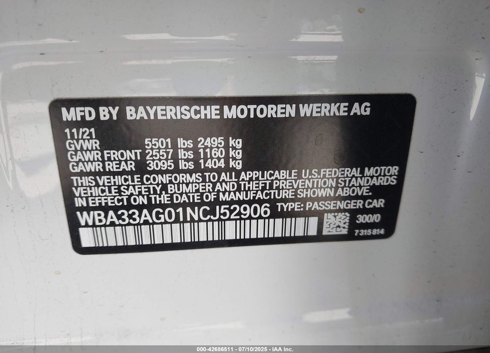 2022 BMW 5 SERIES VIN: WBA33AG01NCJ52906