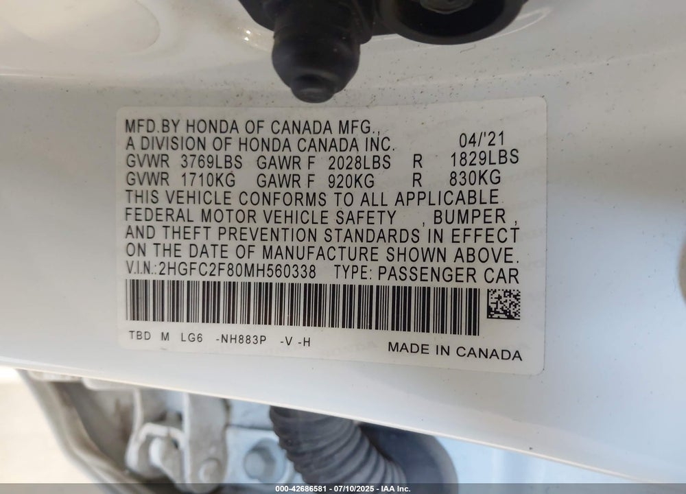 2021 HONDA CIVIC SPORT VIN: 2HGFC2F80MH560338