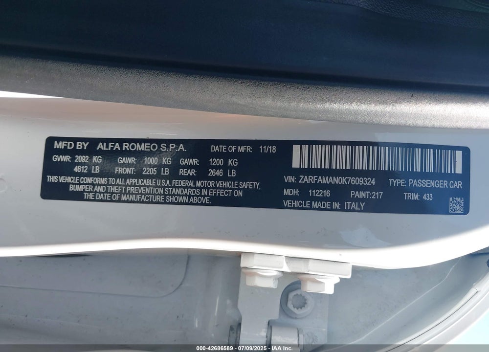 2019 ALFA ROMEO GIULIA VIN: ZARFAMAN0K7609324