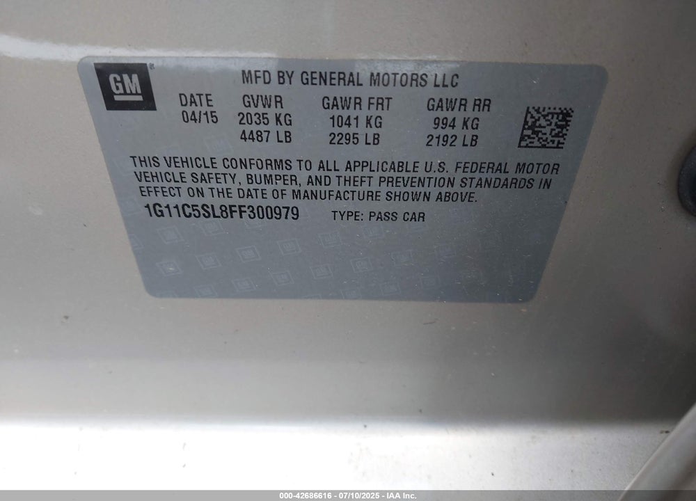 2015 CHEVROLET MALIBU VIN: 1G11C5SL8FF300979