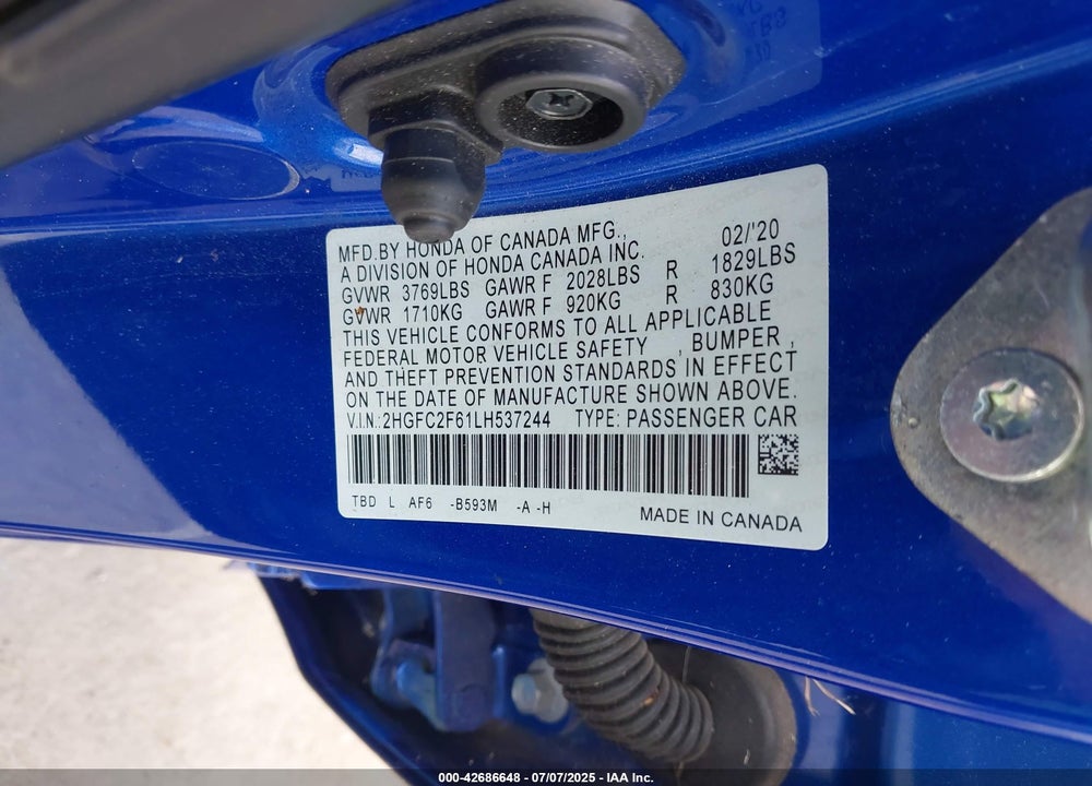 2020 HONDA CIVIC VIN: 2HGFC2F61LH537244
