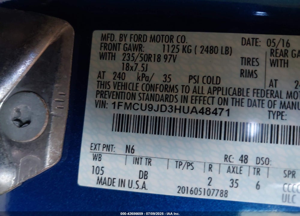 2017 FORD ESCAPE TITANIUM VIN: 1FMCU9JD3HUA48471