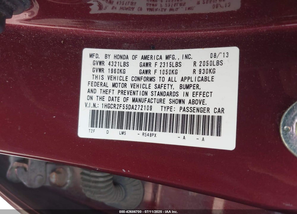 2013 HONDA ACCORD VIN: 1HGCR2F55DA272109