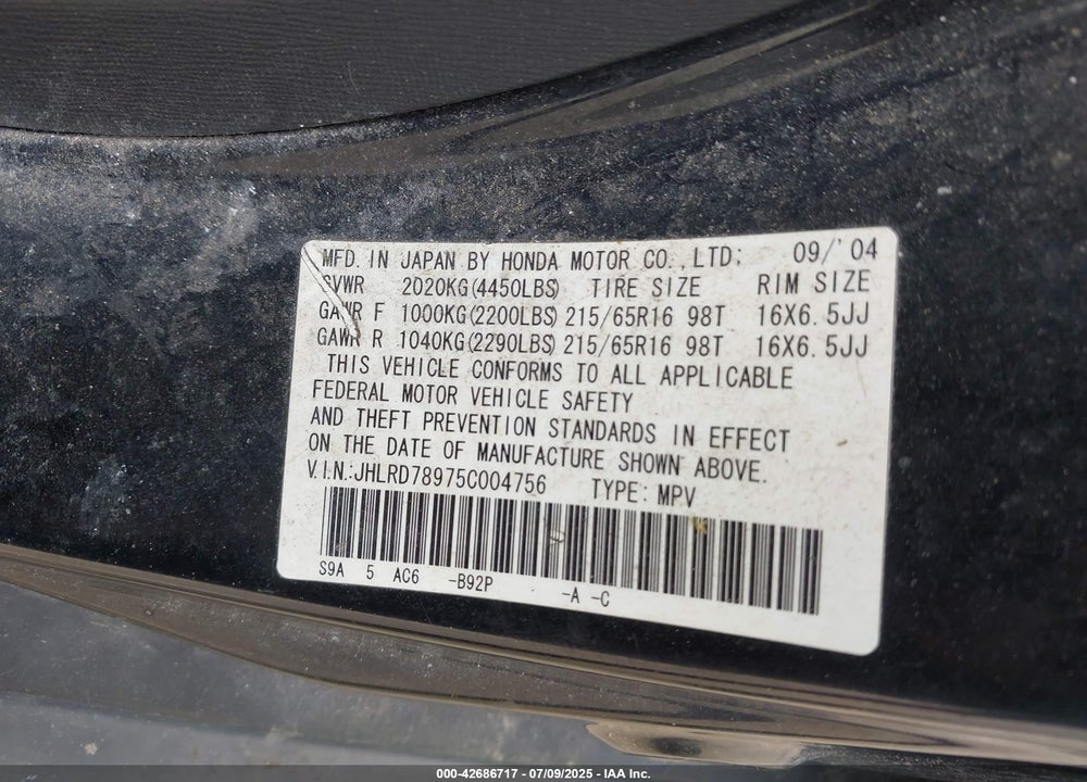2005 HONDA CR-V SE VIN: JHLRD78975C004756