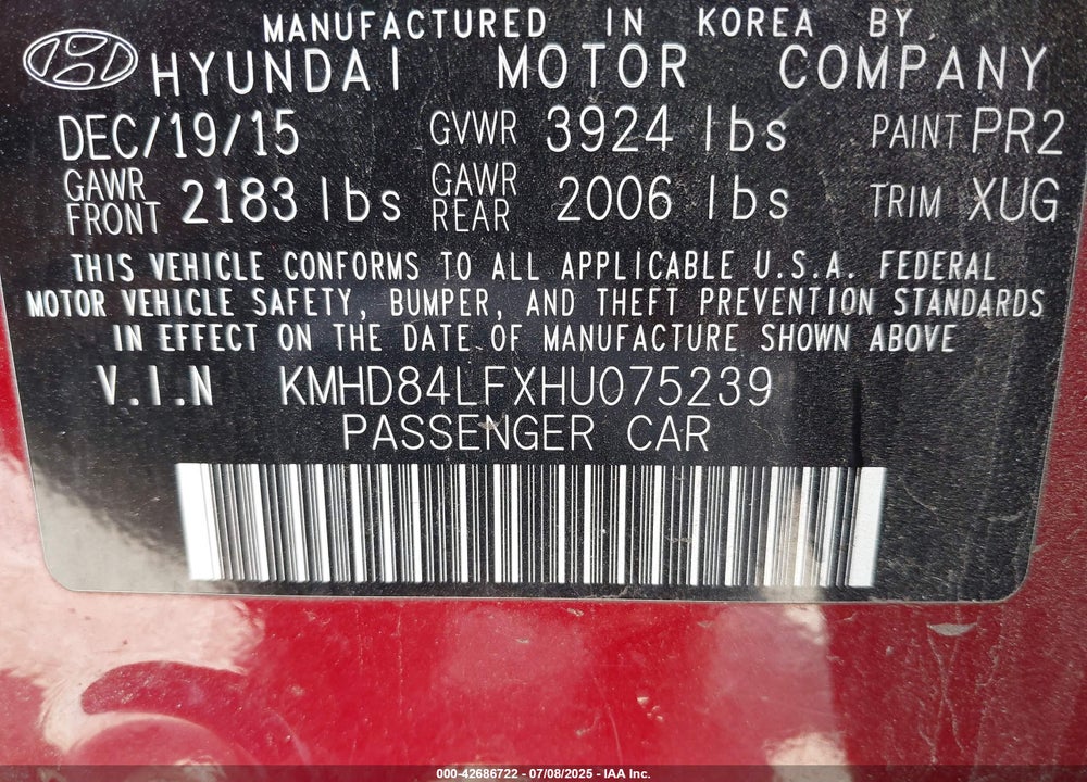 2017 HYUNDAI ELANTRA VIN: KMHD84LFXHU075239