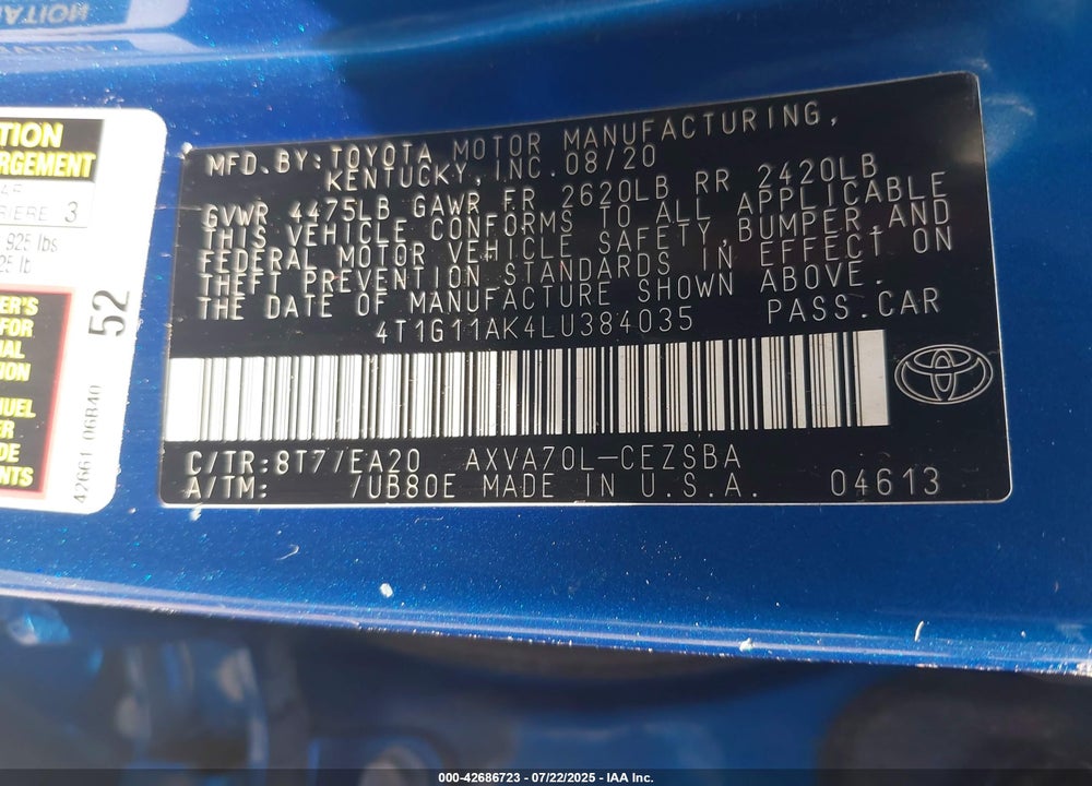 2020 TOYOTA CAMRY VIN: 4T1G11AK4LU384035