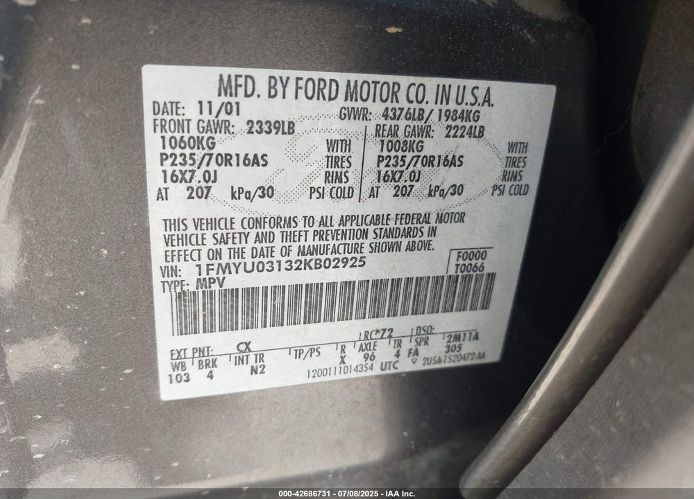 2002 FORD ESCAPE XLT/XLT CHOICE 2 VIN: 1FMYU03132KB02925