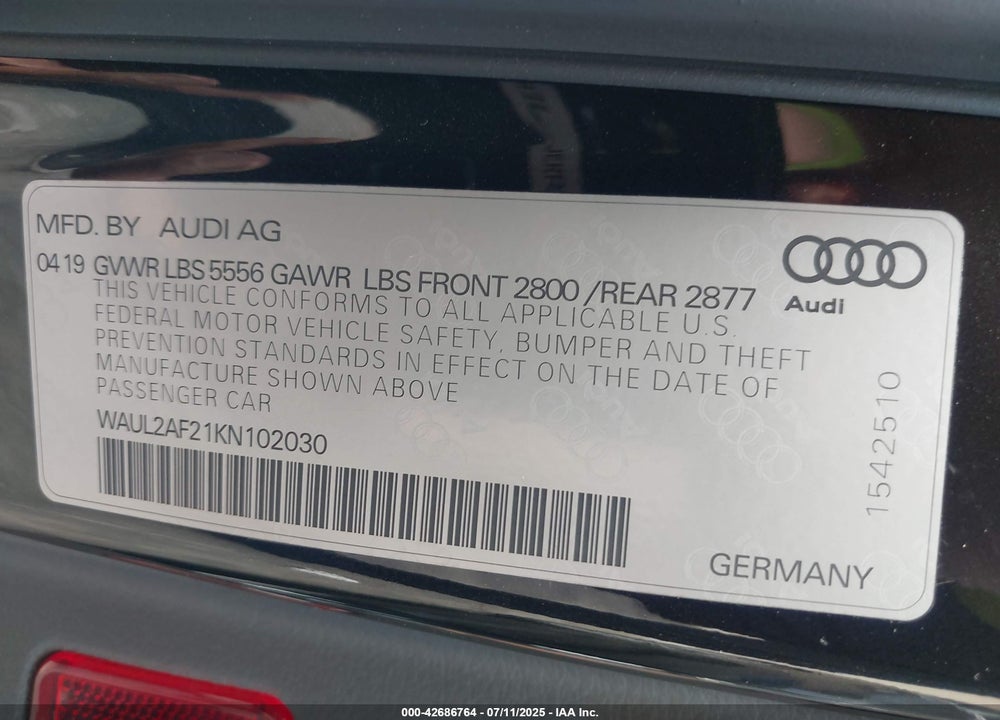 2019 AUDI A6 VIN: WAUL2AF21KN102030