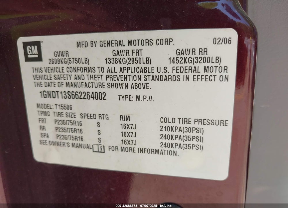 2006 CHEVROLET TRAILBLAZER VIN: 1GNDT13S662264002