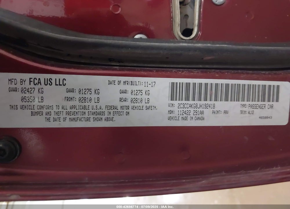 2018 CHRYSLER 300 VIN: 2C3CCAKG8JH192418